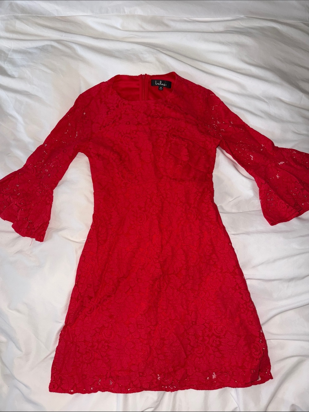 Lulu's Bright Red Lace Bell-Sleeve Mini Dress